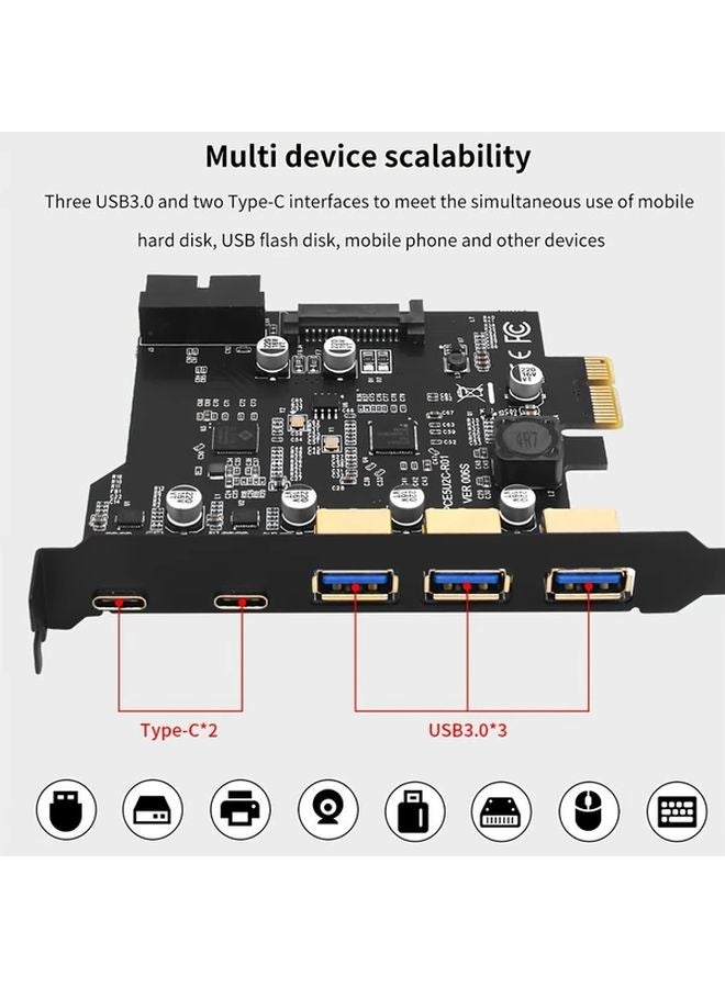 بطاقة توسعة PCIe USB سوداء 1X إلى Type E مع 3 منافذ USB 3.0 و 2 منفذ Type C، مزودة بمصدر طاقة مزدوج USB 3.2 الجيل الثاني بسرعة 5 جيجابت في الثانية، وتعمل بطاقة SATA لأجهزة الكمبيوتر المكتبية. - Image 3
